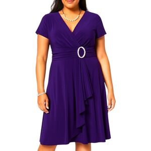 R&M Richards Purple Midi Dress Size 10 Short Sleeve Rhinestone Waist‎ Formal